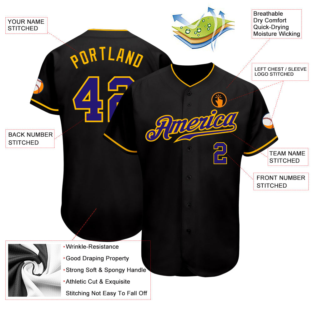 Custom Black Dark Purple-Gold Authentic Baseball Jersey view 3