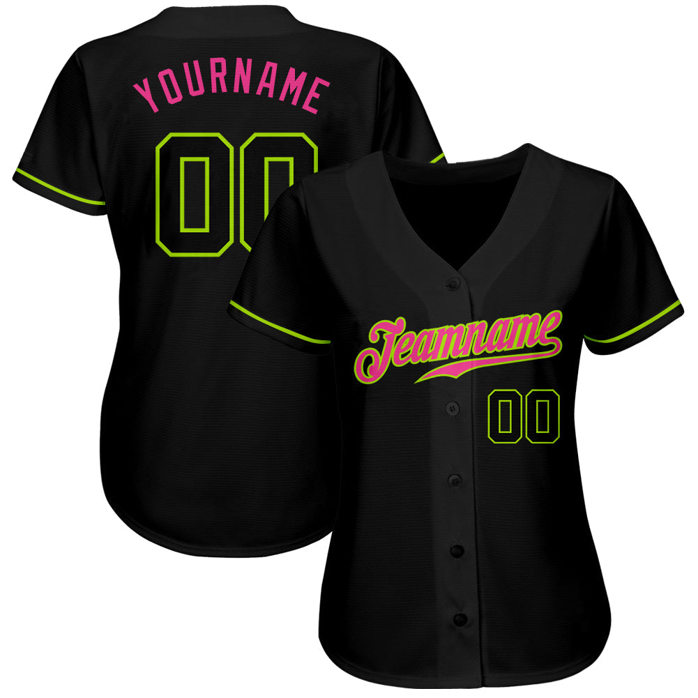 Custom Black Black Neon Green-Pink Authentic Baseball Jersey view 2