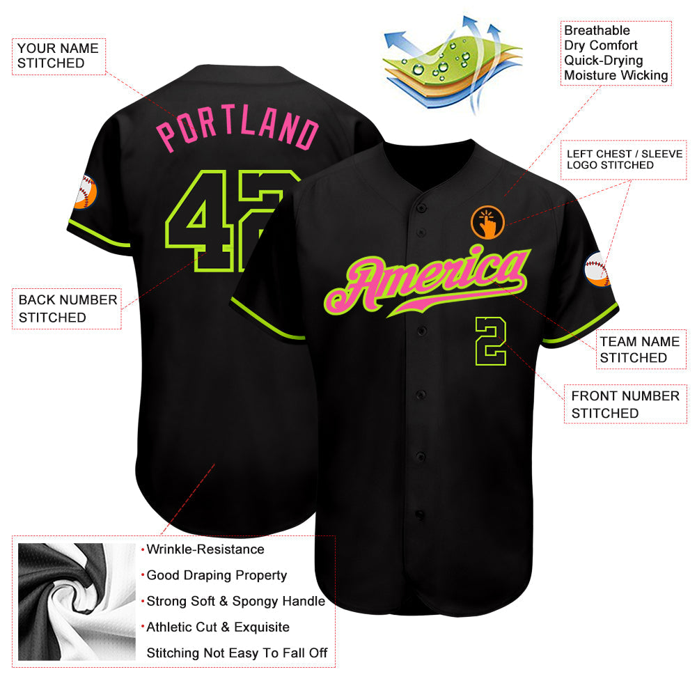 Custom Black Black Neon Green-Pink Authentic Baseball Jersey view 3