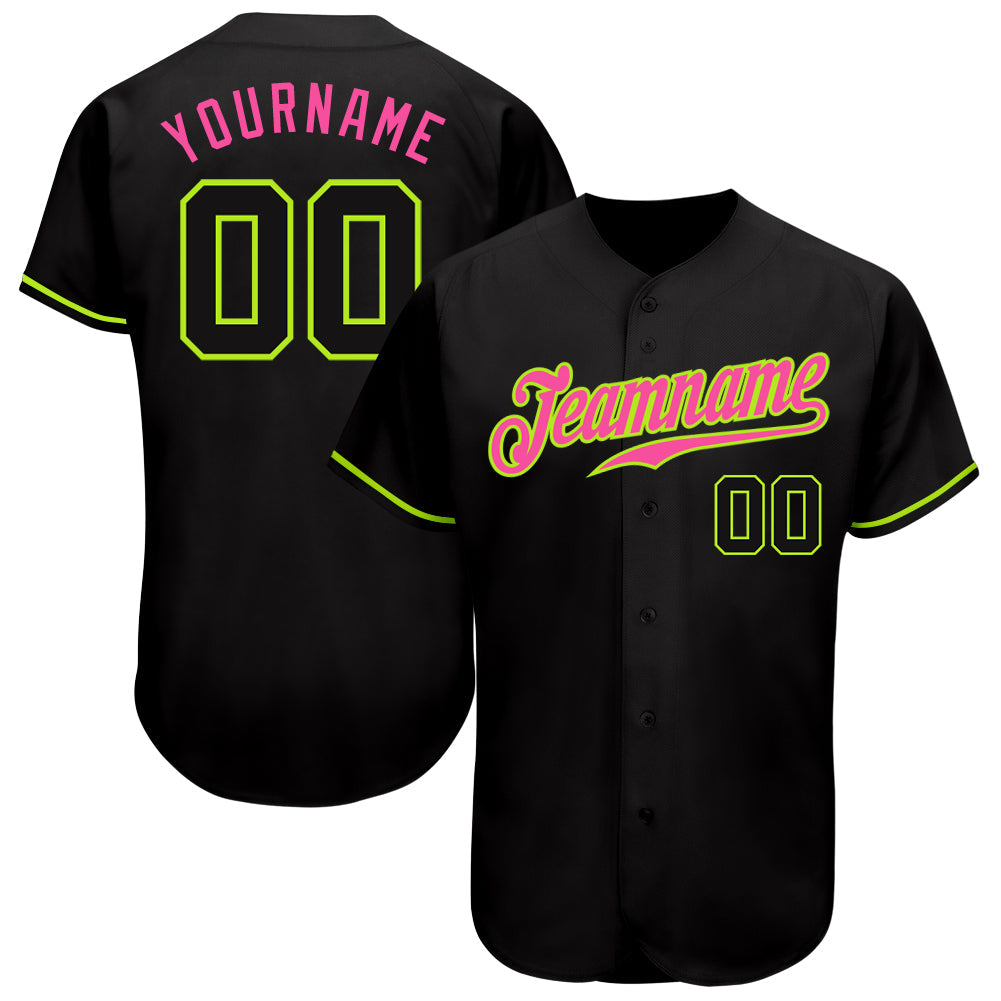 Custom Black Black Neon Green-Pink Authentic Baseball Jersey - Main View