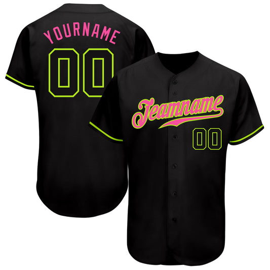 Custom Black Black Neon Green-Pink Authentic Baseball Jersey - Main View