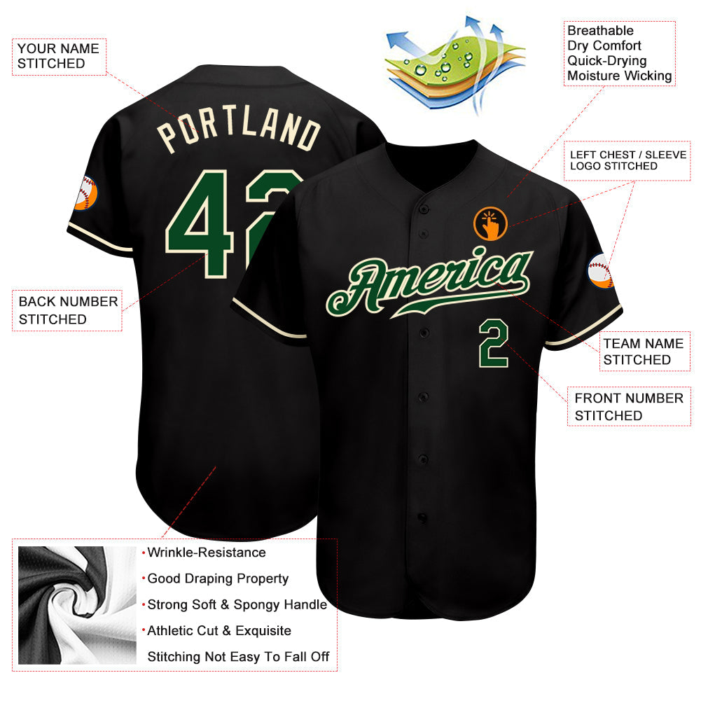 Custom Black Green-Cream Authentic Baseball Jersey view 3