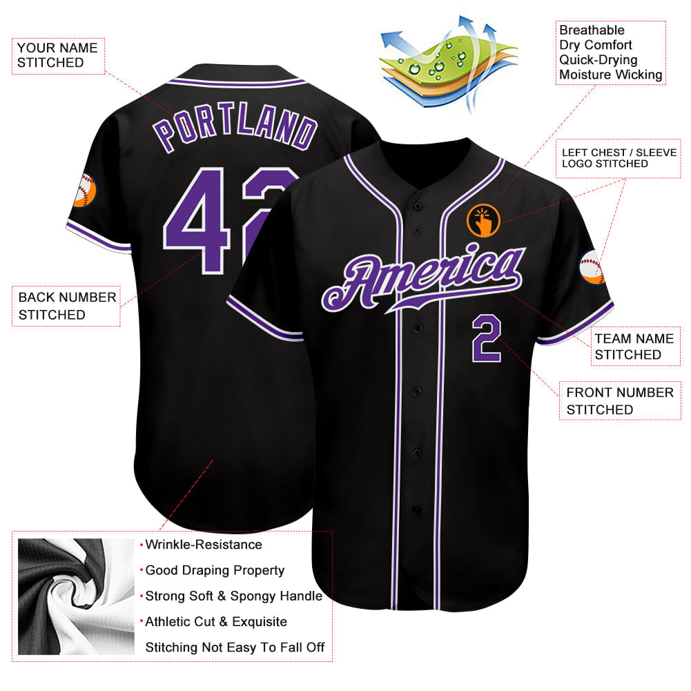 Custom Black Purple-White Authentic Baseball Jersey view 4