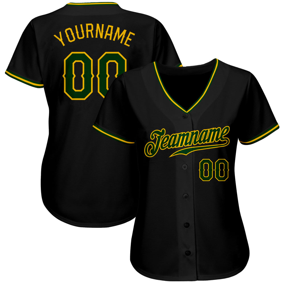Custom Black Green-Gold Authentic Baseball Jersey view 2