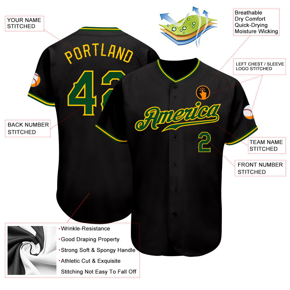 Custom Black Green-Gold Authentic Baseball Jersey view 3