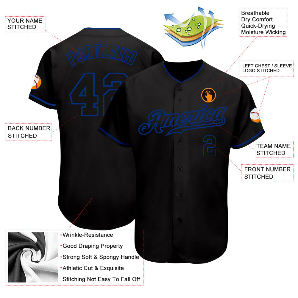 Custom Black Black-Royal Authentic Baseball Jersey view 3