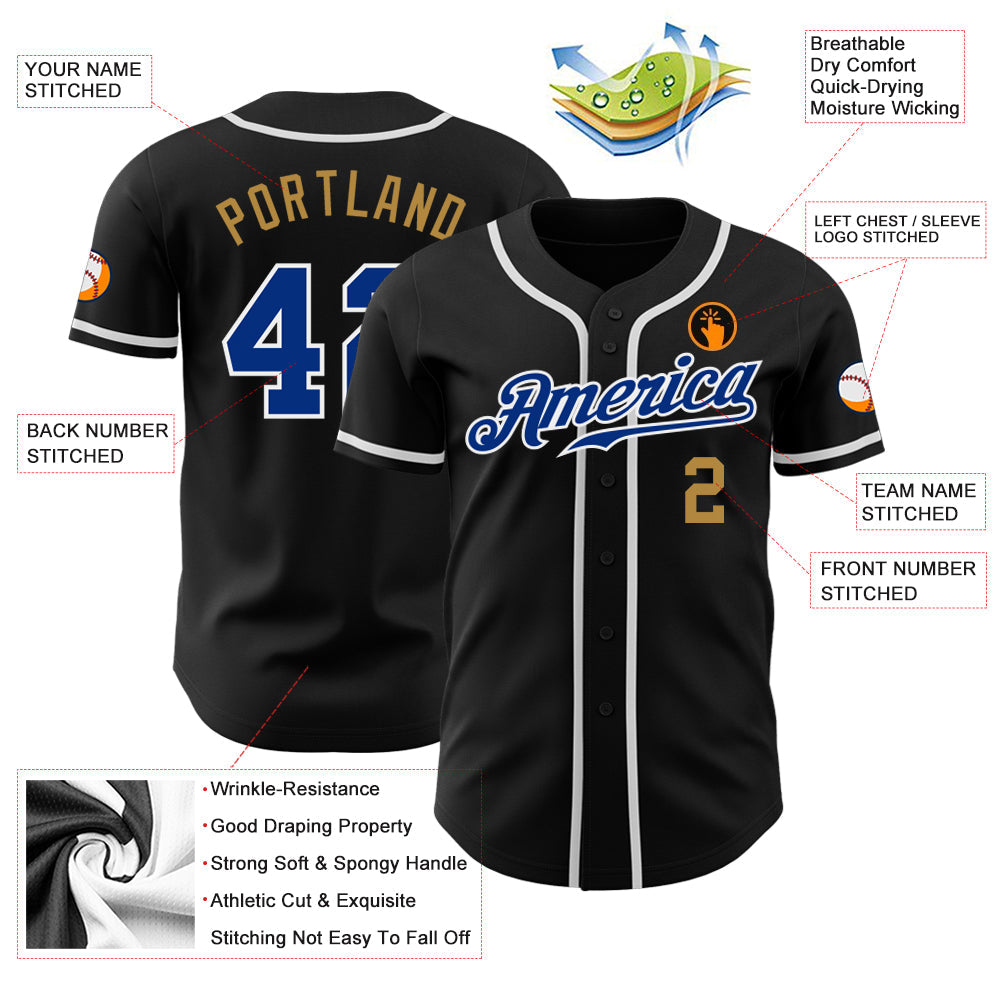 Custom Black Royal-Old Gold Authentic Baseball Jersey view 3