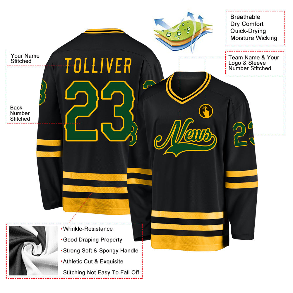 Custom Black Green-Gold Hockey Jersey view 2