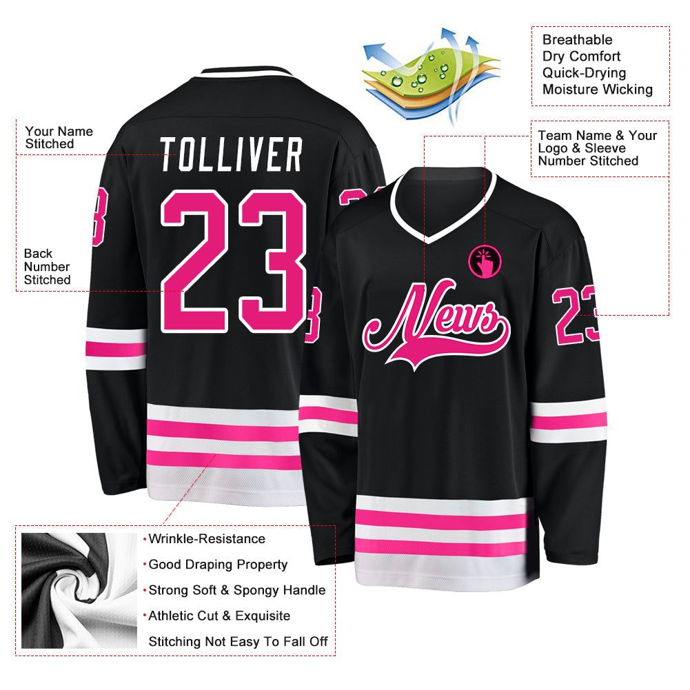 Custom Black Hot Pink-White Hockey Jersey view 2
