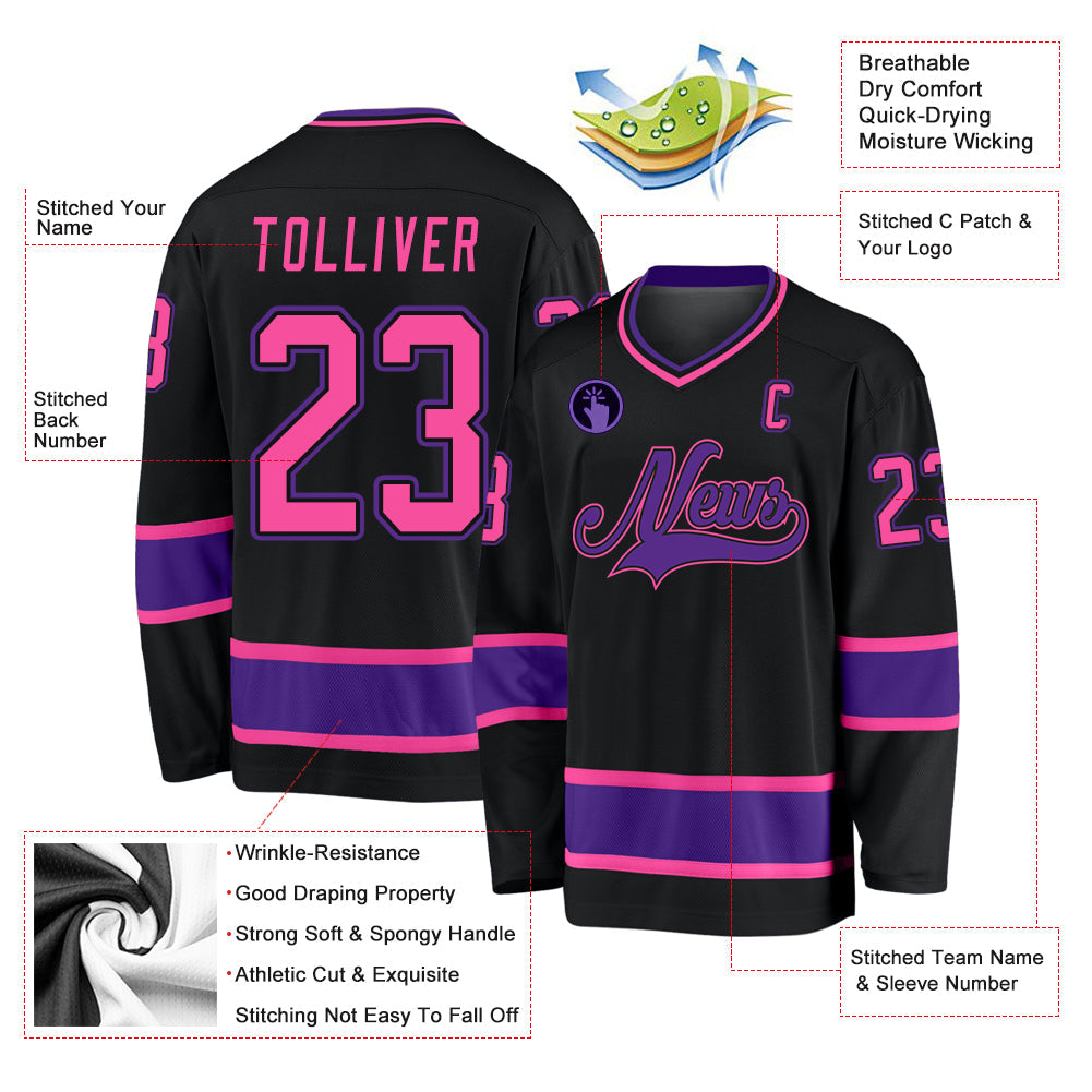 Custom Black Pink-Purple Hockey Jersey view 2