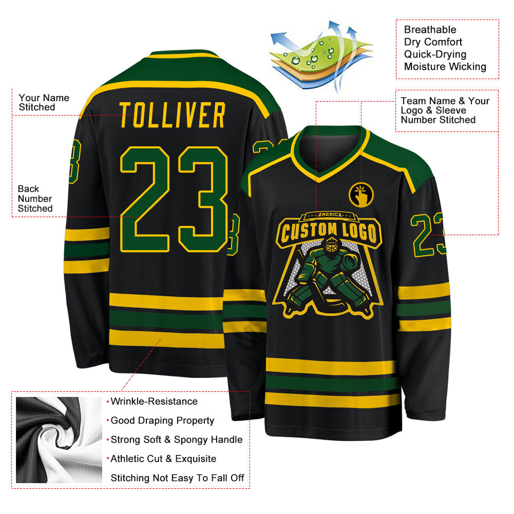 Custom Black Green-Gold Hockey Jersey view 3