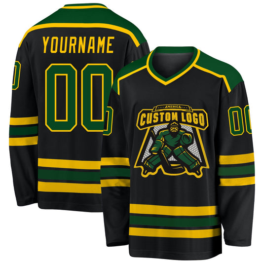 Custom Black Green-Gold Hockey Jersey - Main View