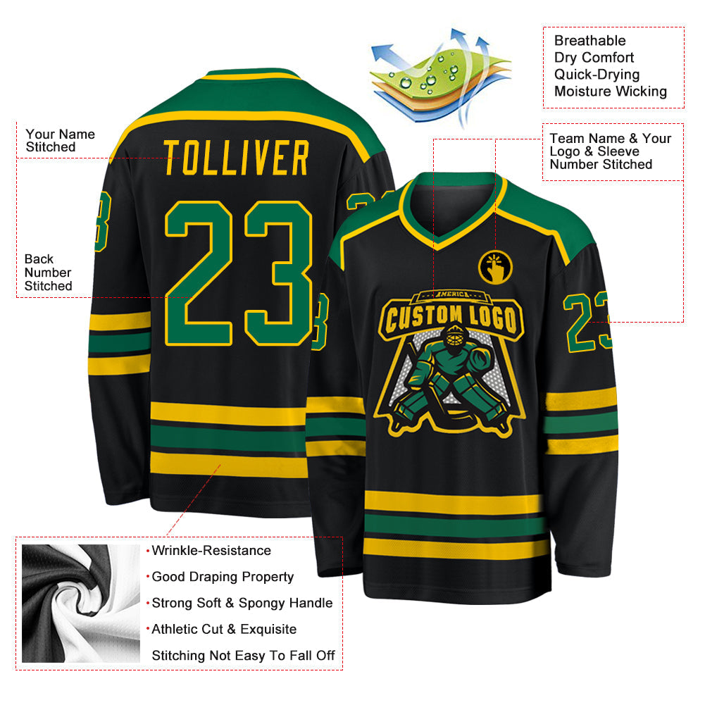 Custom Black Kelly Green-Gold Hockey Jersey view 3