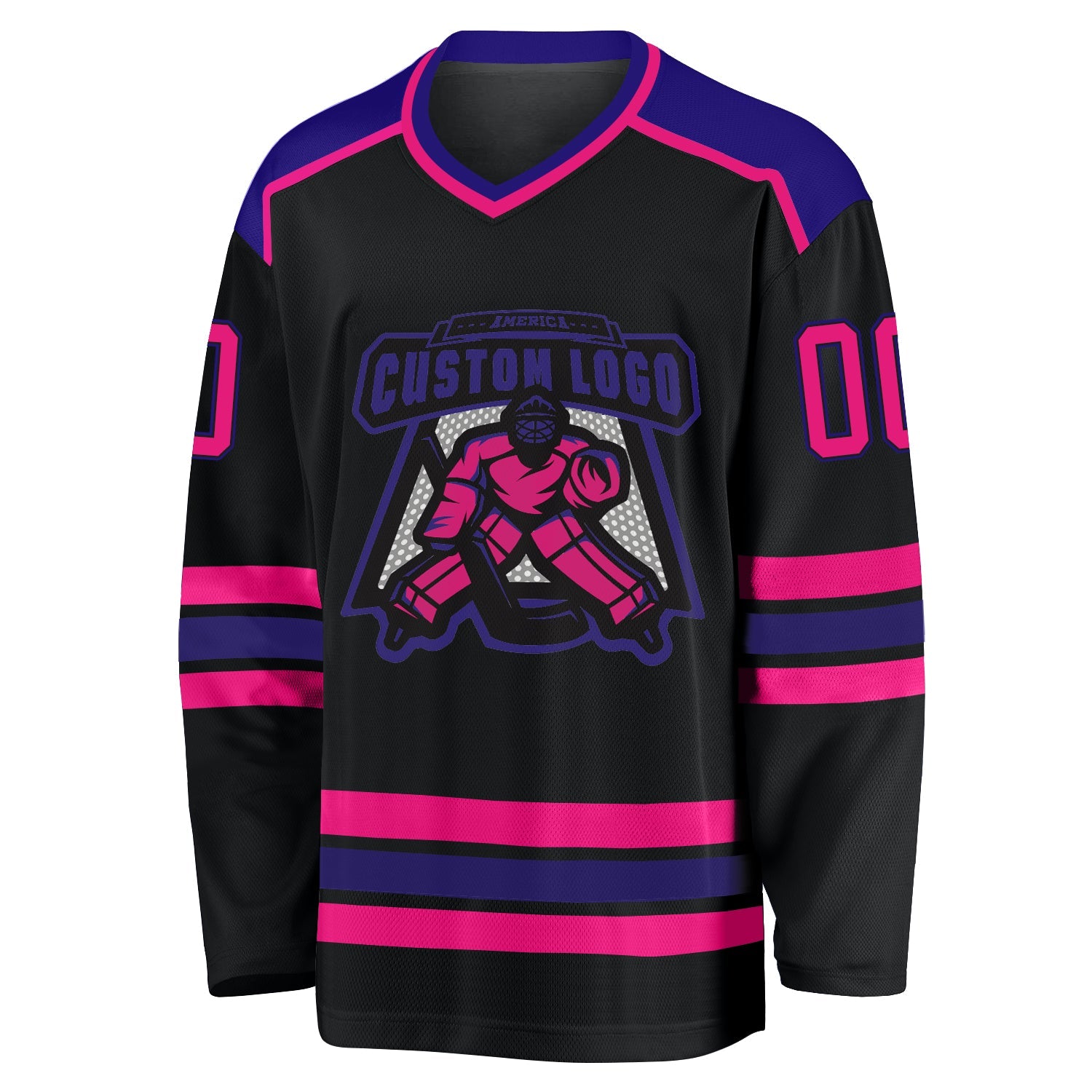Custom Black Hot Pink-Dark Purple Hockey Jersey view 2