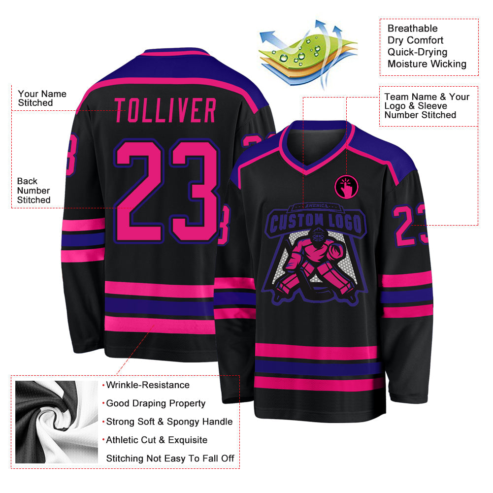 Custom Black Hot Pink-Dark Purple Hockey Jersey view 3