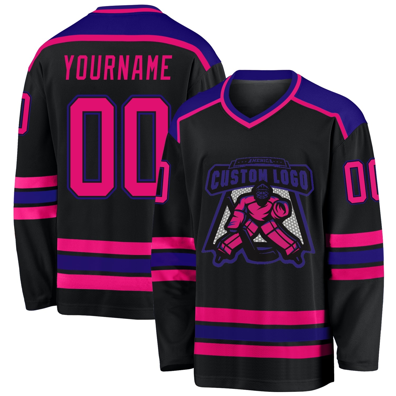 Custom Black Hot Pink-Dark Purple Hockey Jersey - Main View
