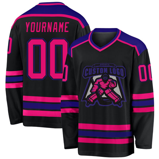 Custom Black Hot Pink-Dark Purple Hockey Jersey - Main View
