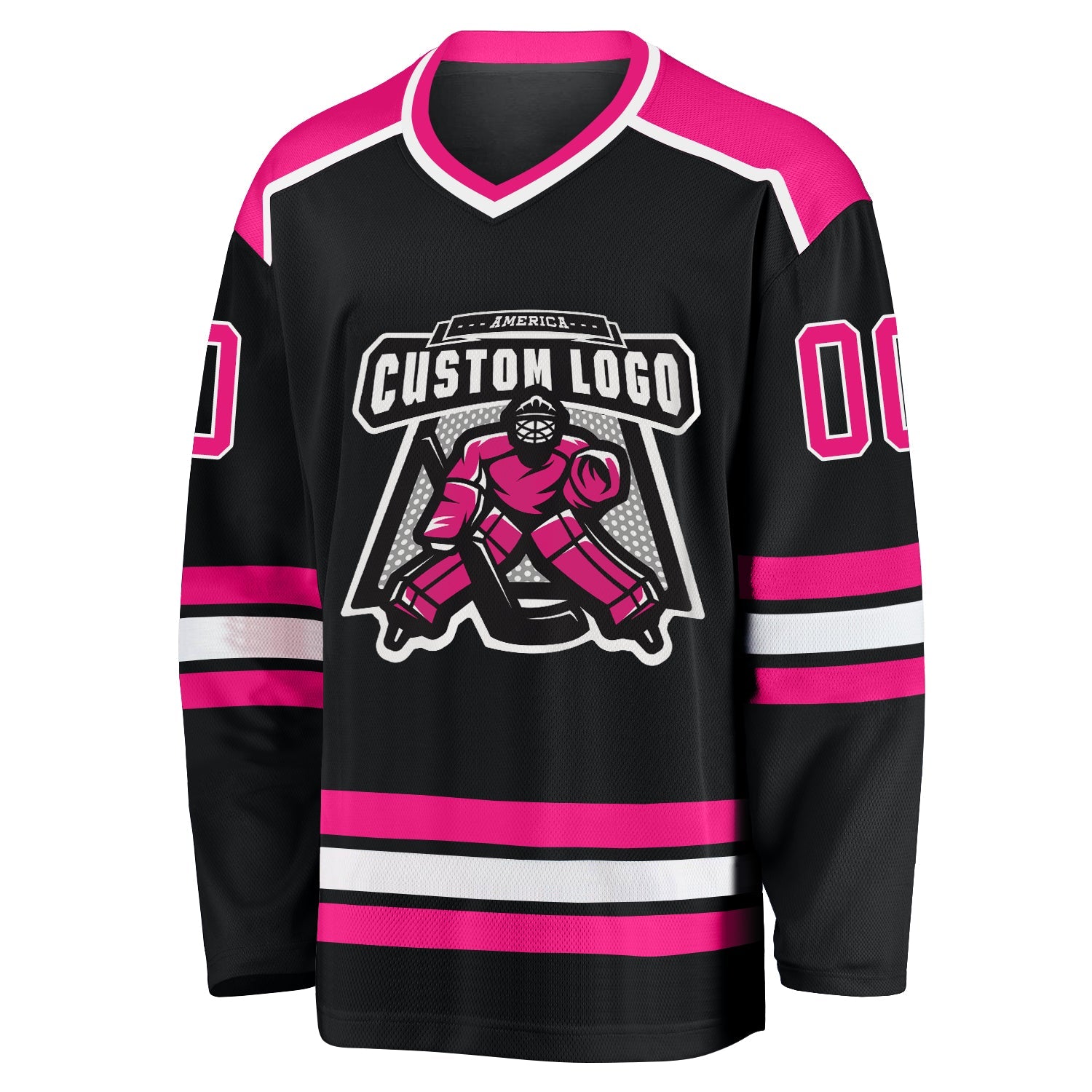 Custom Black Hot Pink-White Hockey Jersey view 2