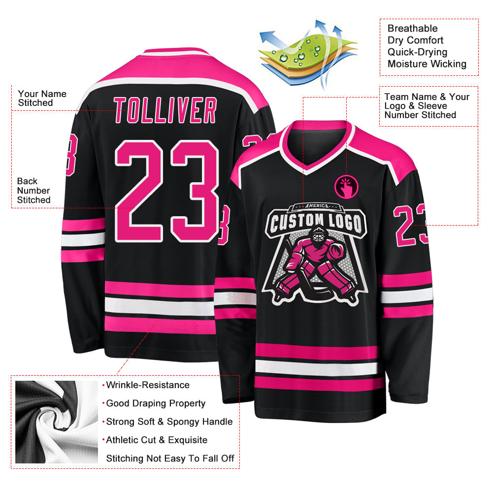 Custom Black Hot Pink-White Hockey Jersey view 3