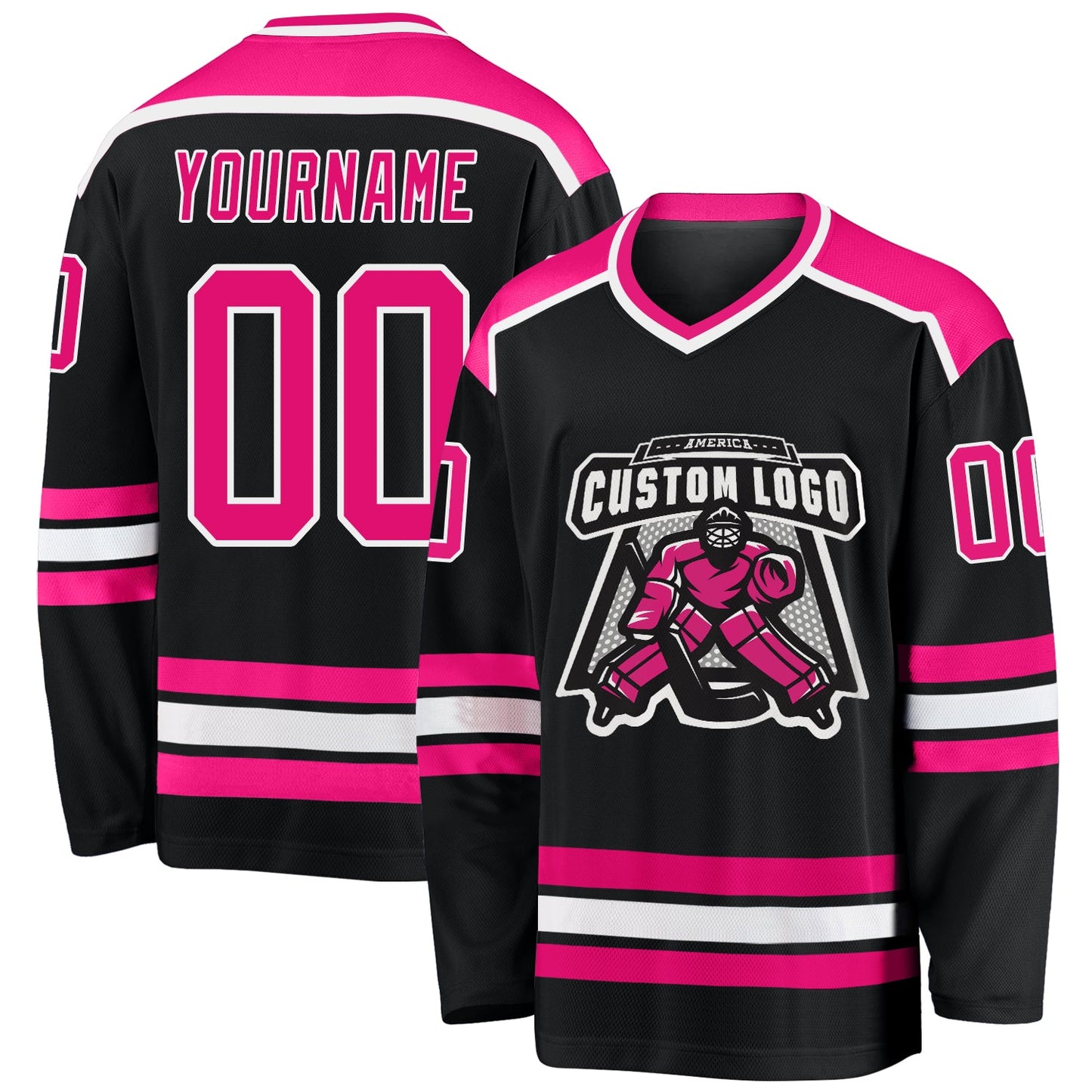 Custom Black Hot Pink-White Hockey Jersey - Main View