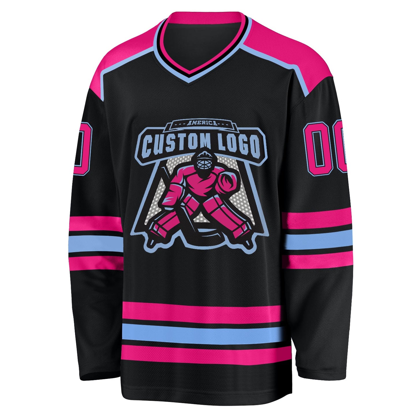 Custom Black Hot Pink-Light Blue Hockey Jersey view 2