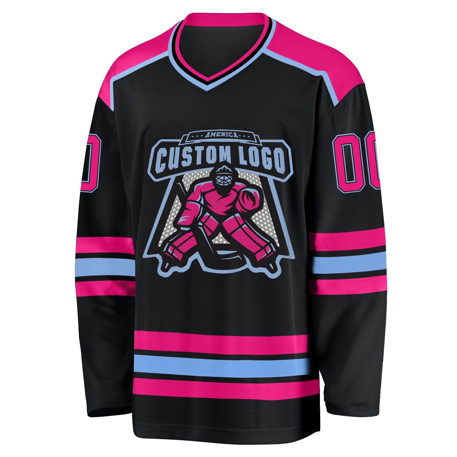 Custom Black Hot Pink-Light Blue Hockey Jersey view 2