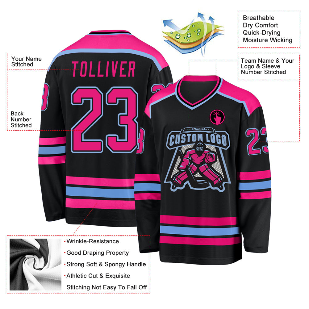 Custom Black Hot Pink-Light Blue Hockey Jersey view 3