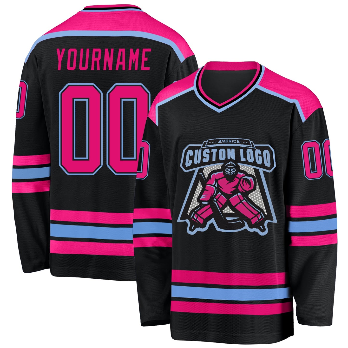 Custom Black Hot Pink-Light Blue Hockey Jersey - Main View