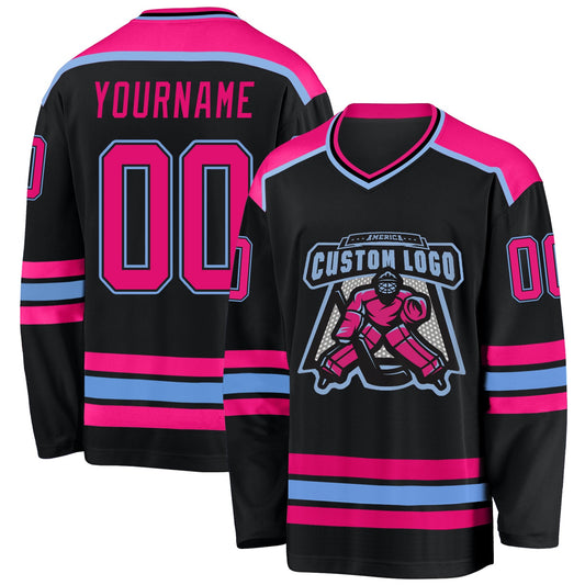 Custom Black Hot Pink-Light Blue Hockey Jersey - Main View