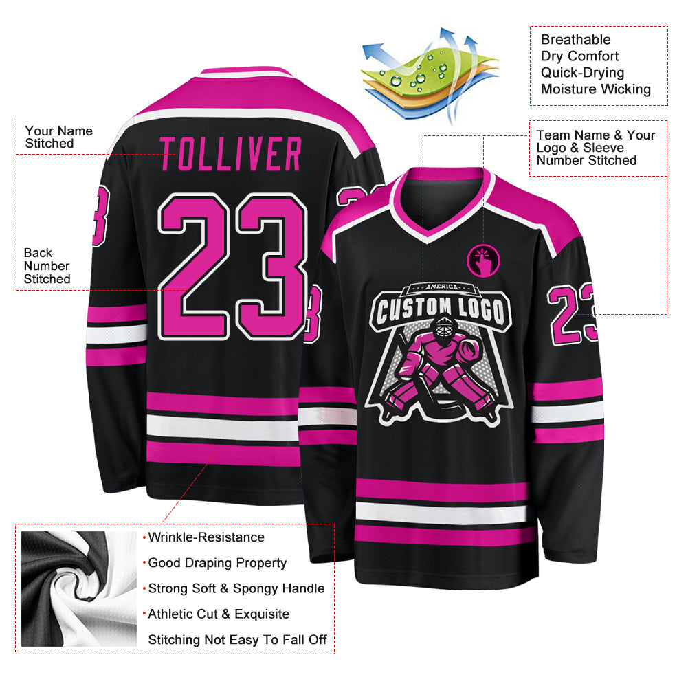 Custom Black Deep Pink-White Hockey Jersey view 3
