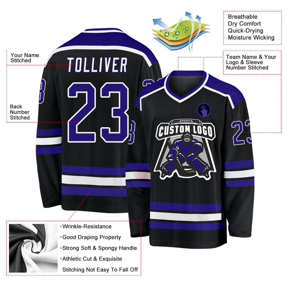 Custom Black Dark Purple-White Hockey Jersey view 3