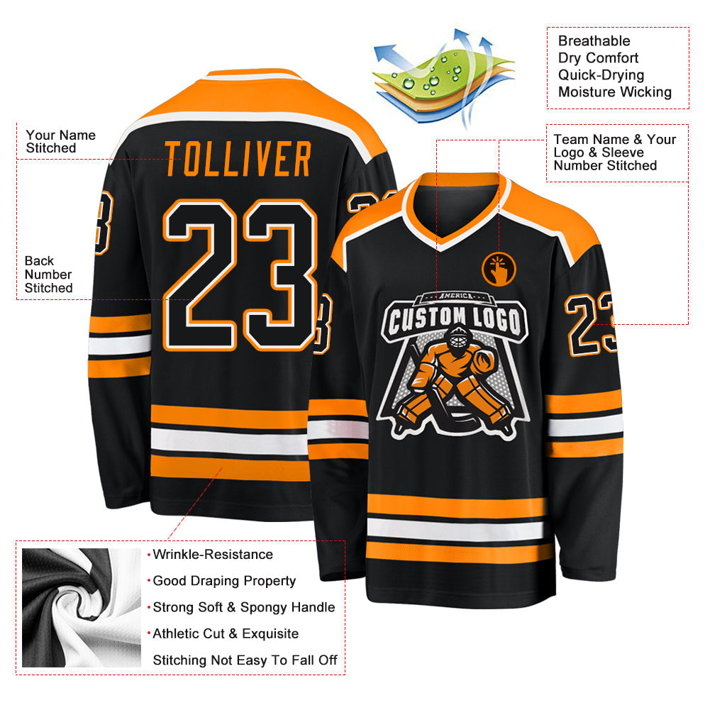 Custom Black Black-Bay Orange Hockey Jersey view 3