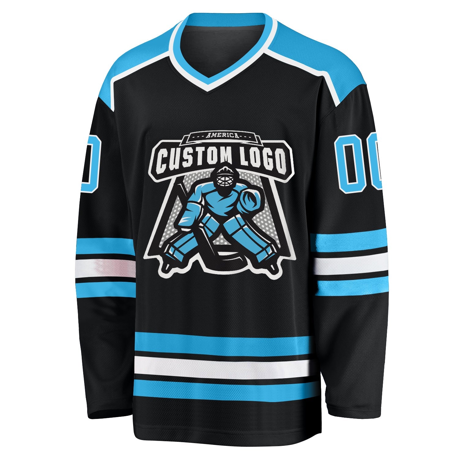 Custom Black Sky Blue-White Hockey Jersey view 2