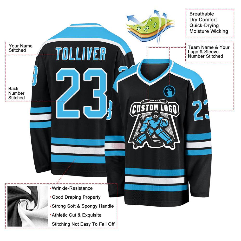 Custom Black Sky Blue-White Hockey Jersey view 3