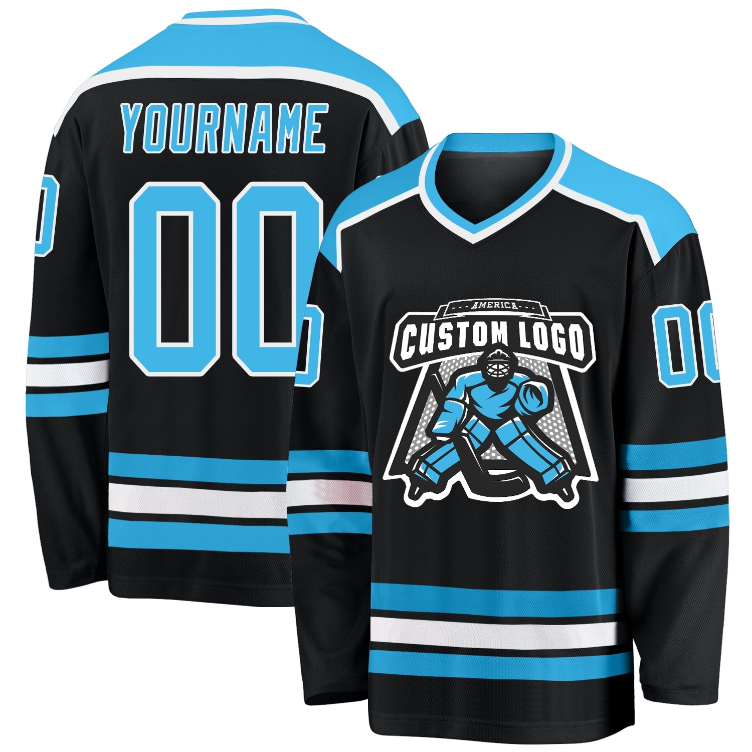Custom Black Sky Blue-White Hockey Jersey - Main View