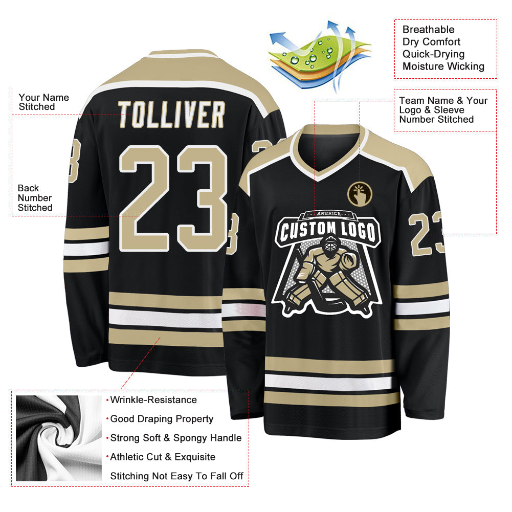 Custom Black Vegas Gold-White Hockey Jersey view 3