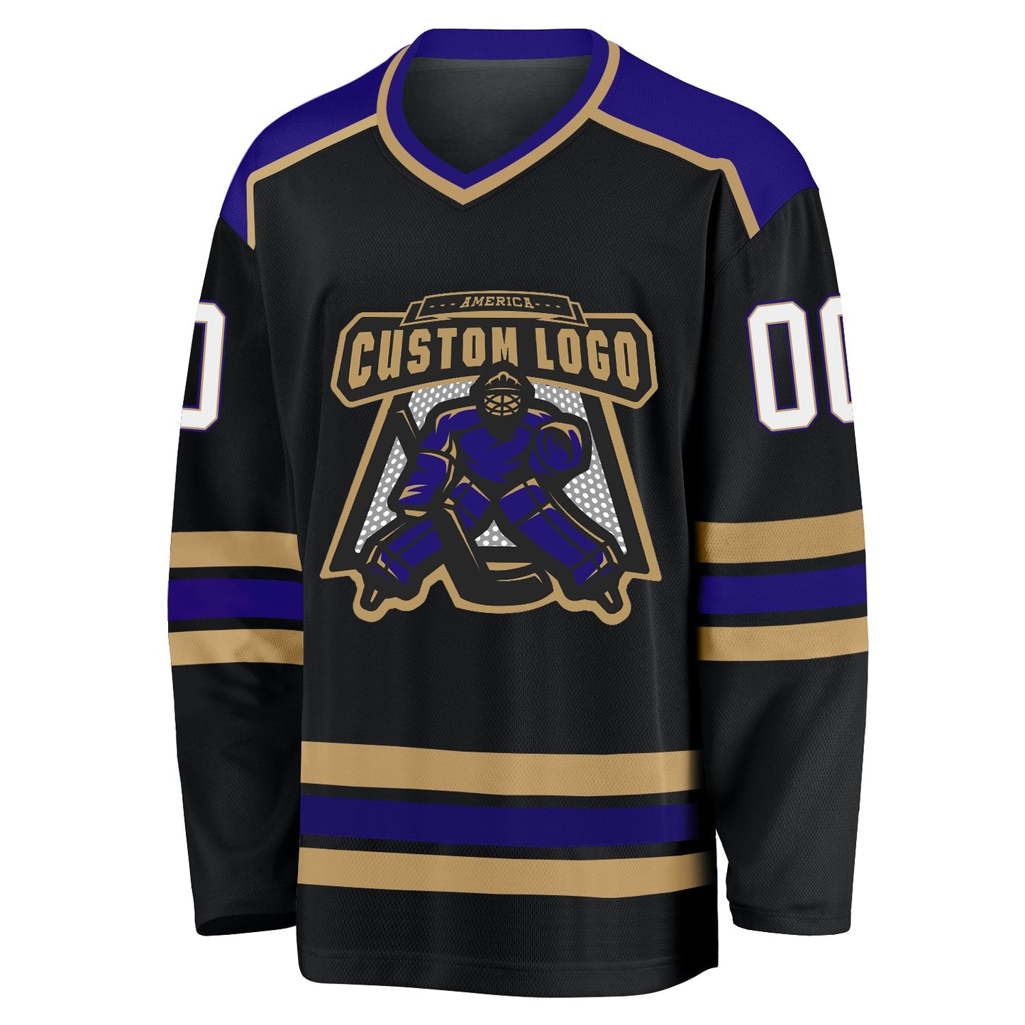 Custom Black White Old Gold-Dark Purple Hockey Jersey view 2
