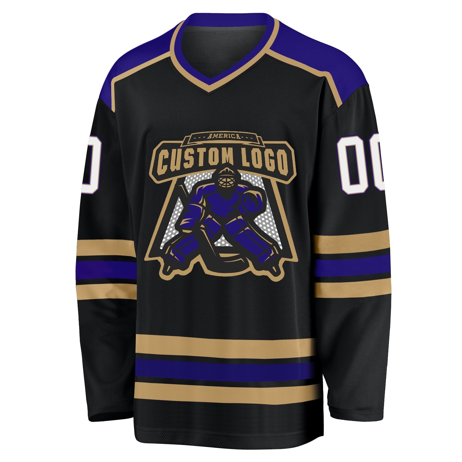 Custom Black White Old Gold-Dark Purple Hockey Jersey view 2