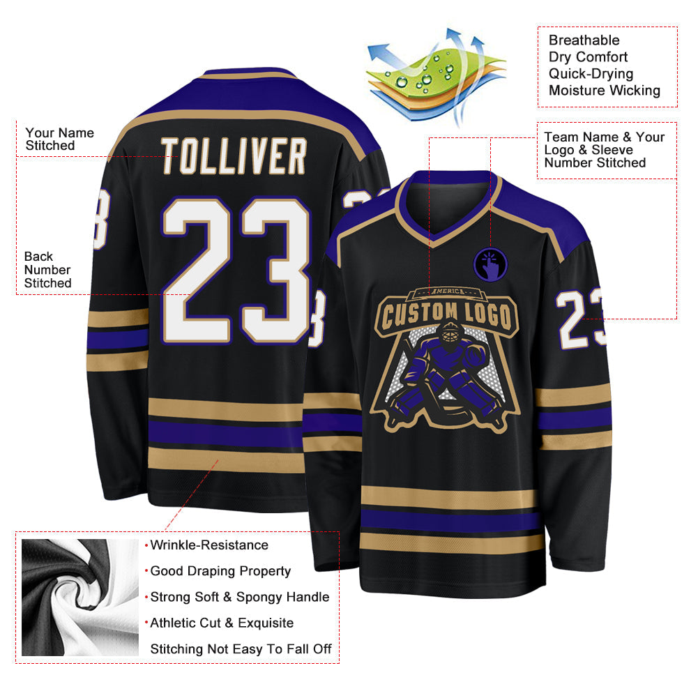 Custom Black White Old Gold-Dark Purple Hockey Jersey view 3