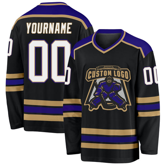 Custom Black White Old Gold-Dark Purple Hockey Jersey - Main View