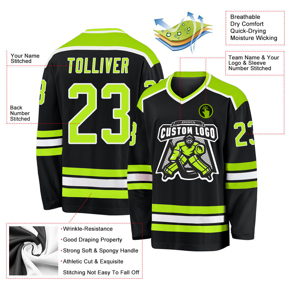 Custom Black Neon Green-White Hockey Jersey view 3