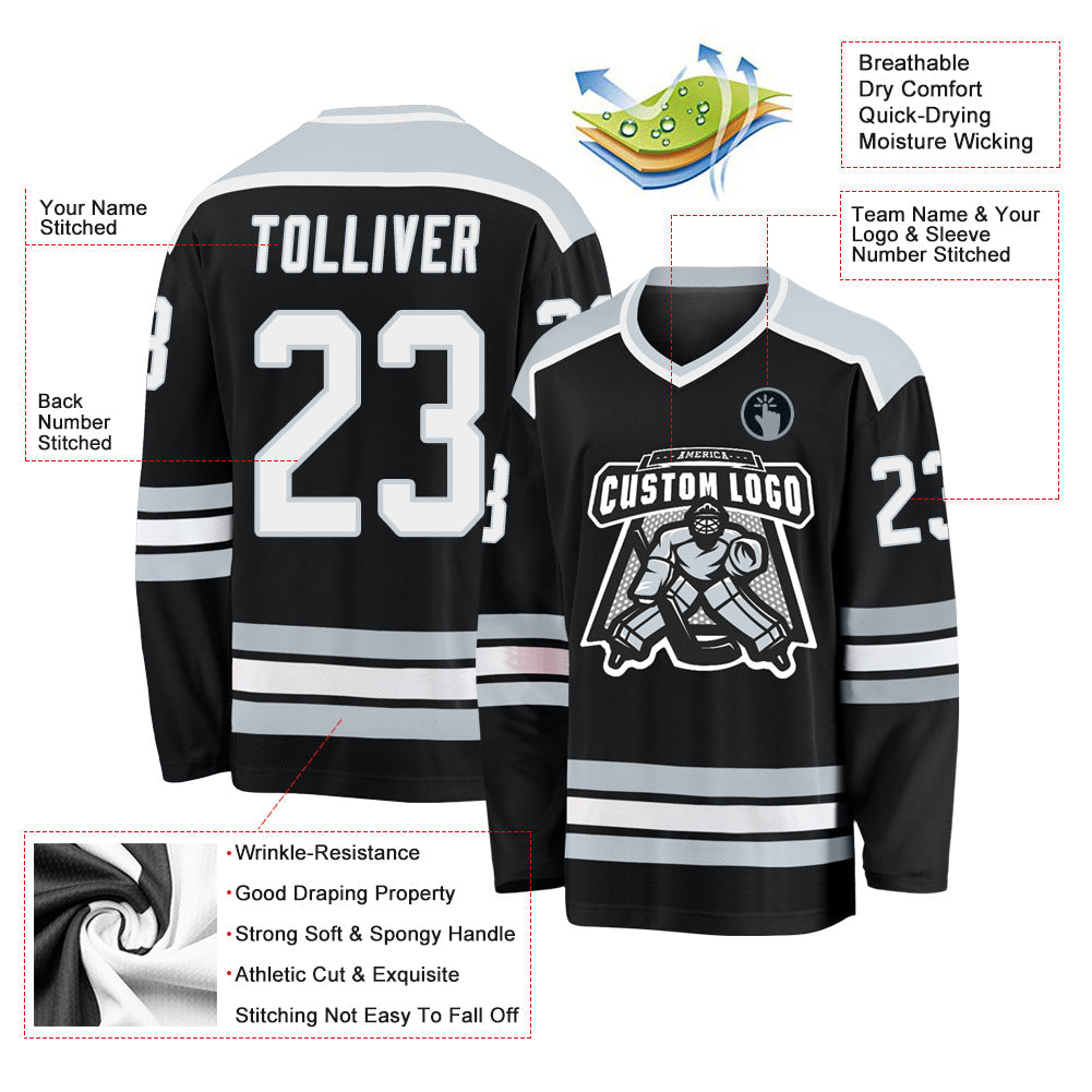Custom Black White-Silver Hockey Jersey view 3