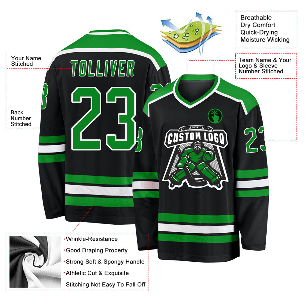 Custom Black Grass Green-White Hockey Jersey view 3