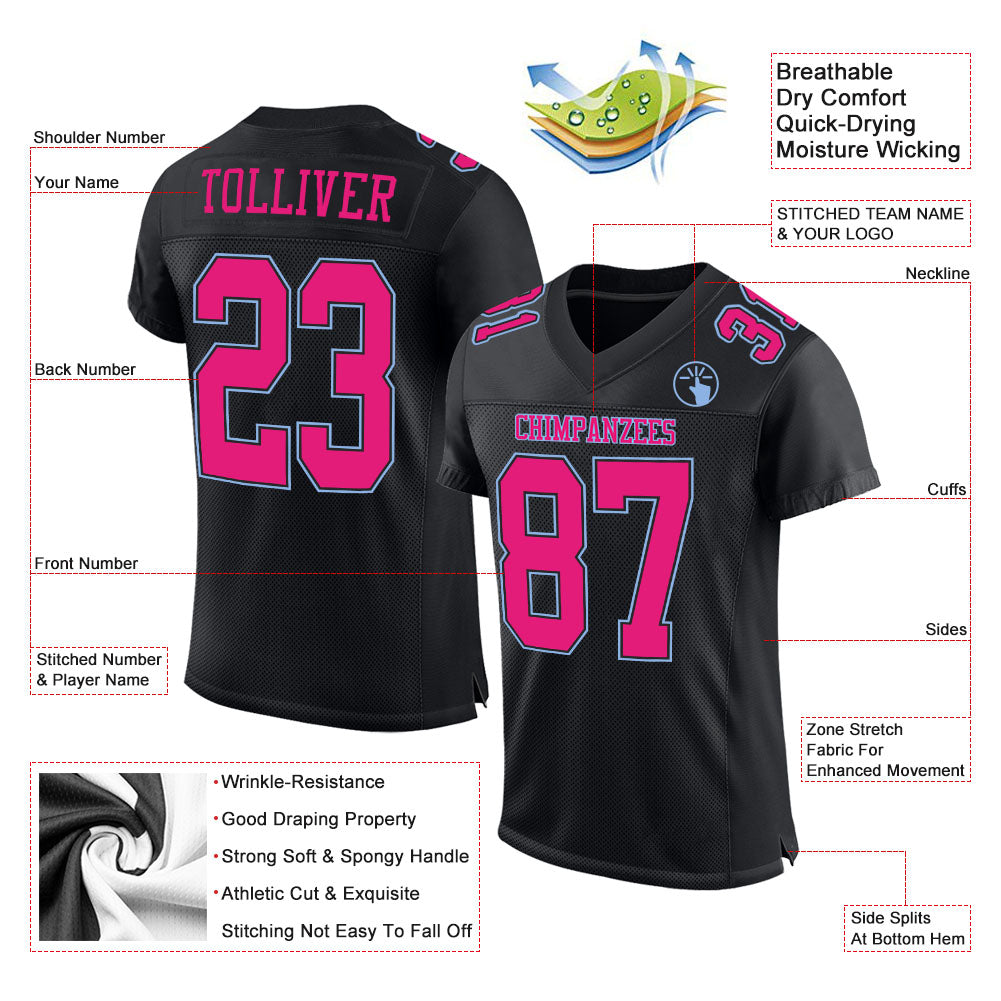 Custom Black Hot Pink-Light Blue Mesh Authentic Football Jersey view 2