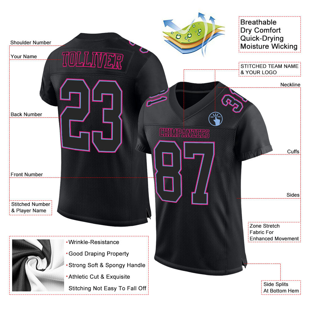 Custom Black Black Powder Blue-Hot Pink Mesh Authentic Football Jersey view 2