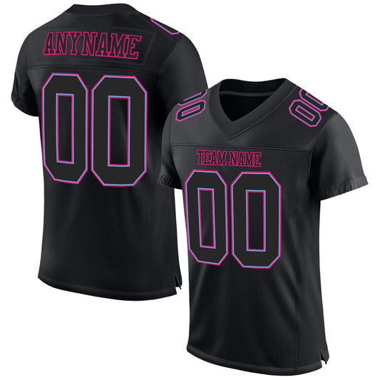 Custom Black Black Powder Blue-Hot Pink Mesh Authentic Football Jersey - Main View