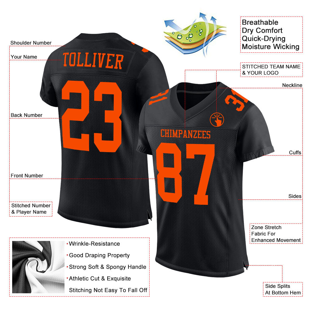 Custom Black Orange Mesh Authentic Football Jersey view 2
