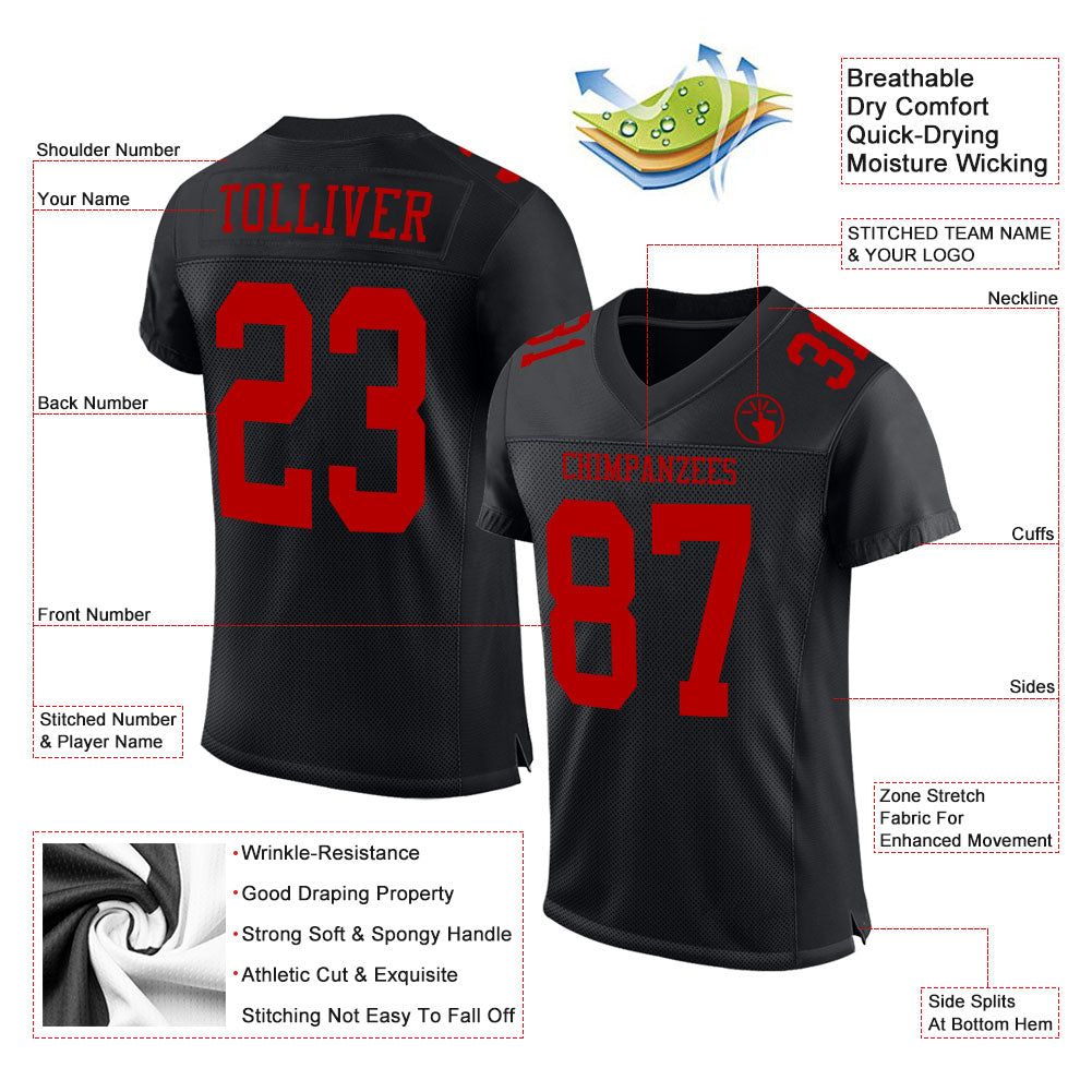 Custom Black Red Mesh Authentic Football Jersey view 2