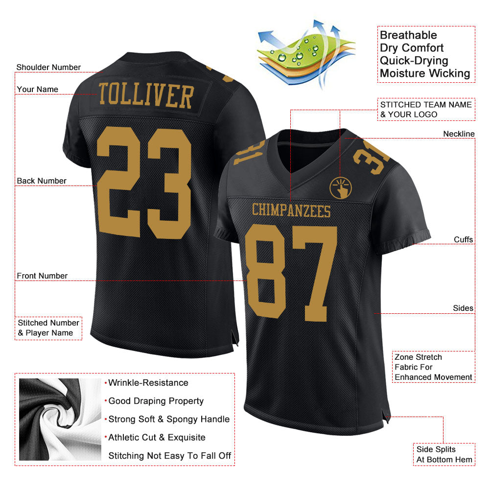 Custom Black Old Gold Mesh Authentic Football Jersey view 2