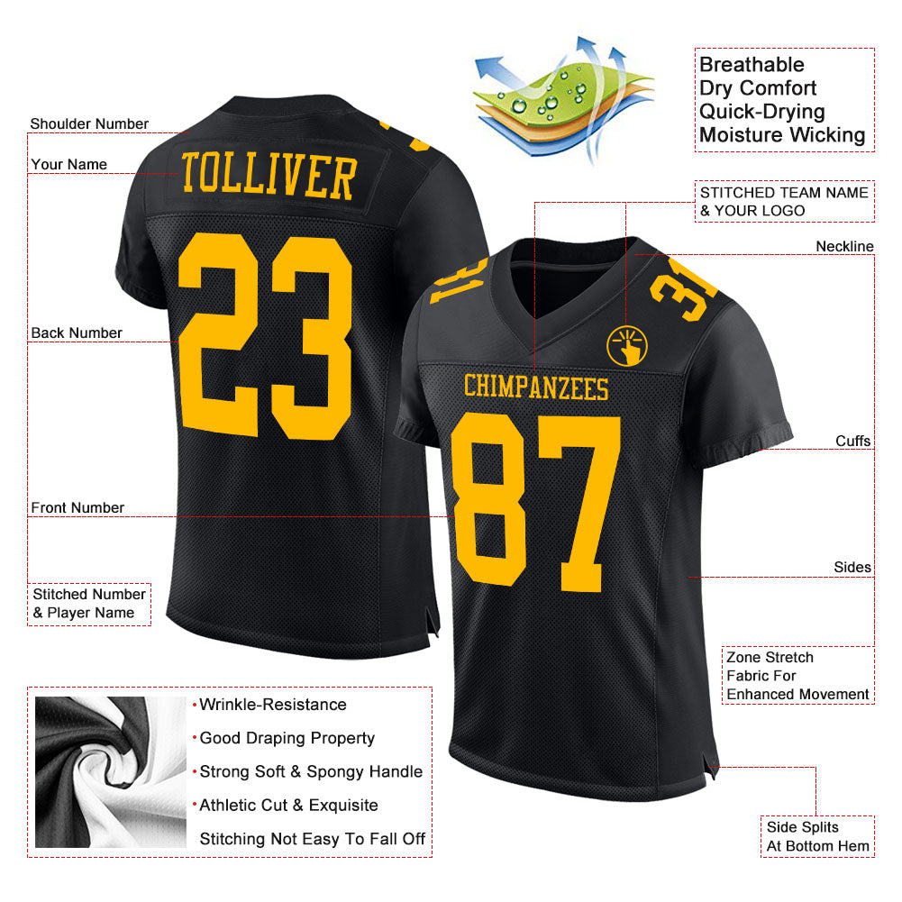 Custom Black Gold Mesh Authentic Football Jersey view 2